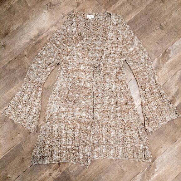 UMGEE Beige Long Cardigan Womens Size Small Melange Knit Crochet Bell Sleeve - Picture 1 of 3